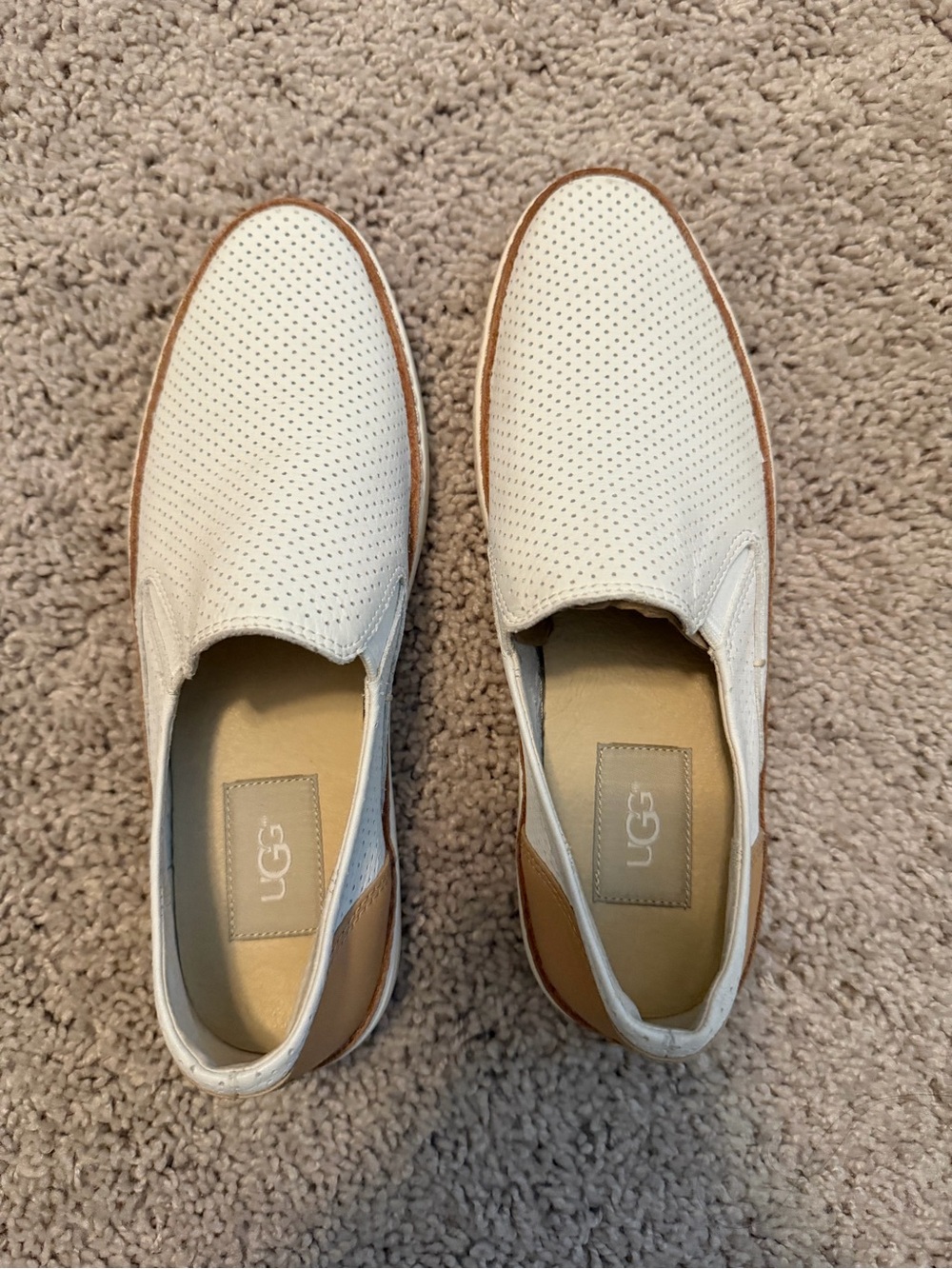 UGG White Perforated Slip-On Sneakers with Tan Accents